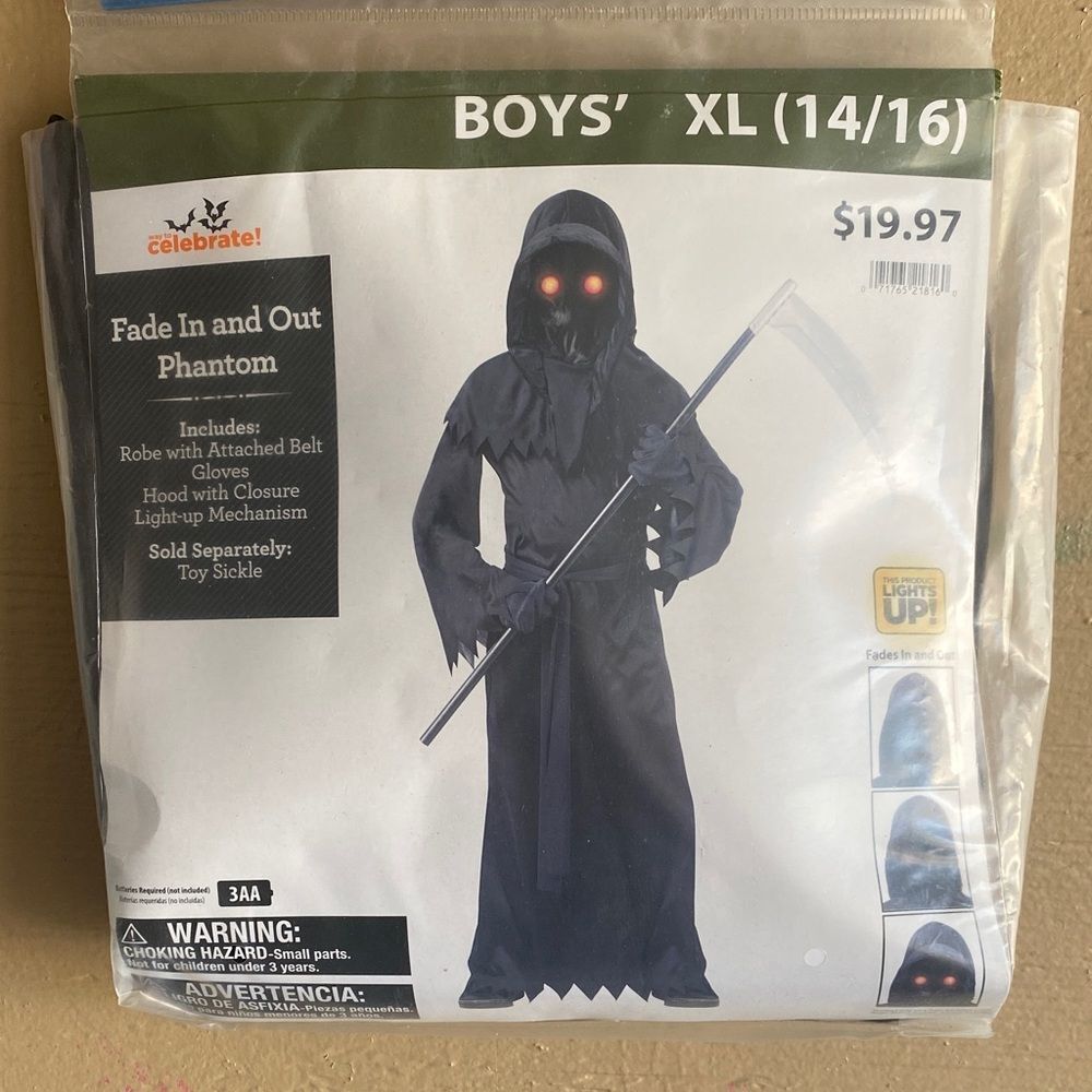 Boys Fade In & Out Phantom Costume XL 14/16 Light Up Halloween Grim Reaper